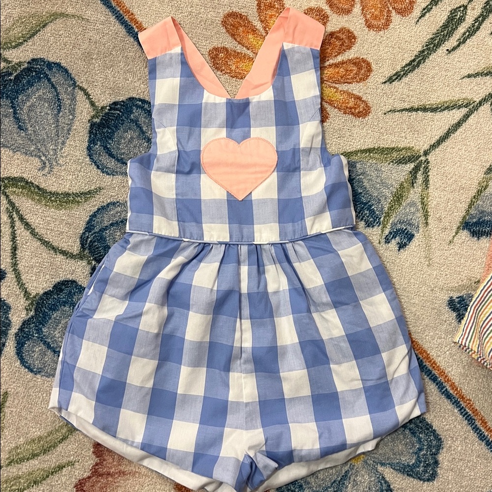 TBBC Blue and White Checkered Romper with Pink Heart Appliqué